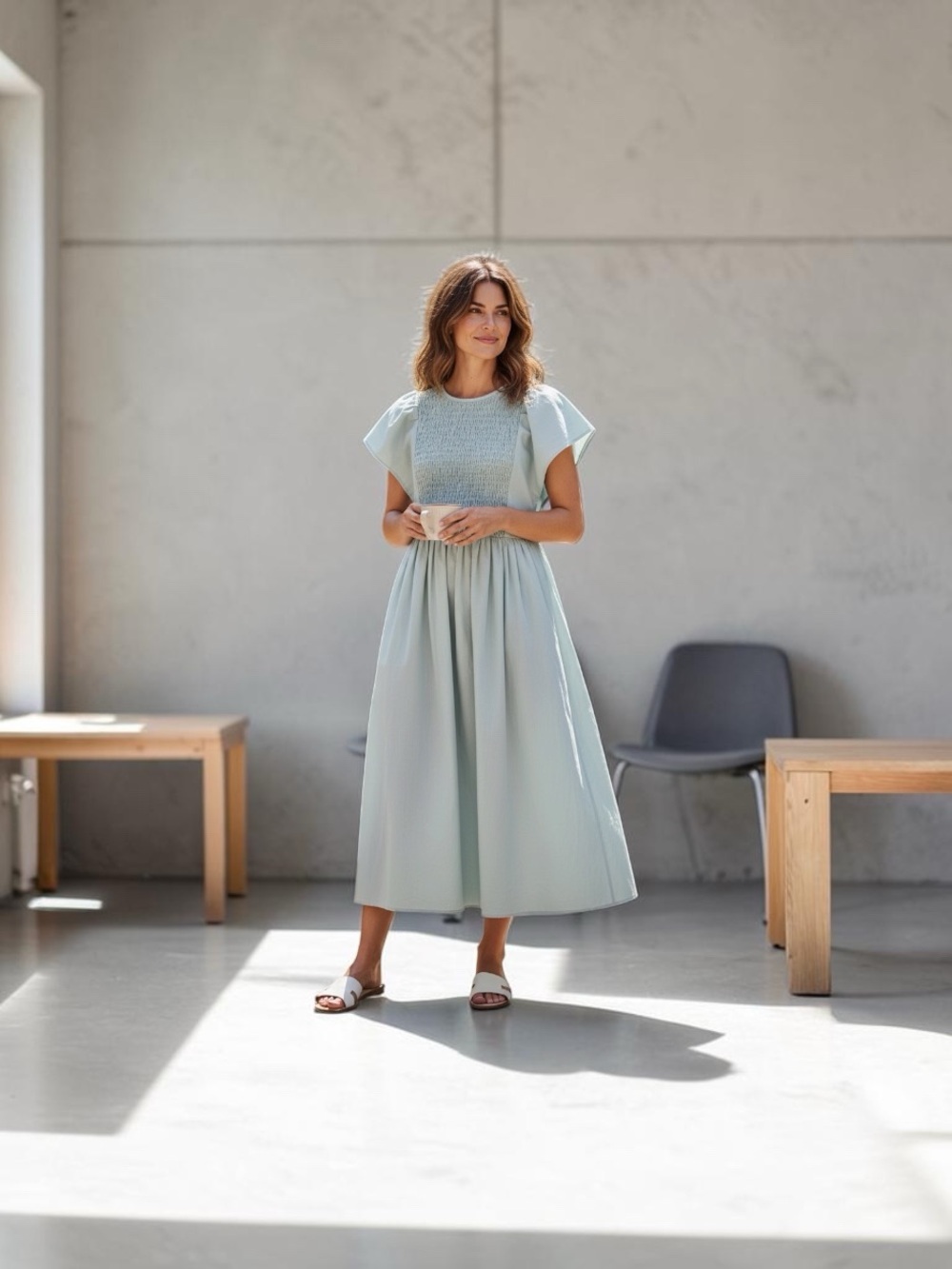 Light Mint Smocked Midi Dress with Flutter Sleeves - Picture 4 of 5